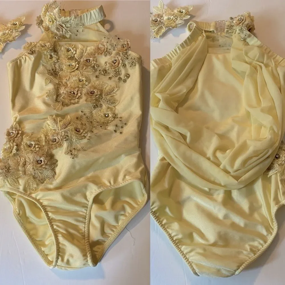 Glamour solo dance costume leotard pale yellow embellished rhinestone lace MC